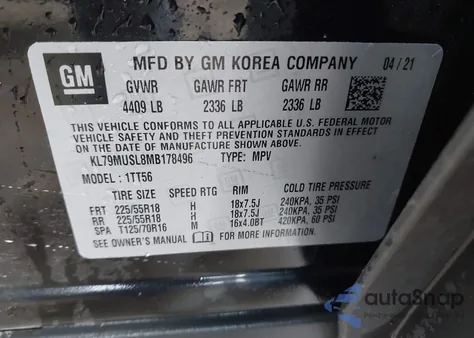 2021 Chevrolet Trailblazer Awd Rs z USA, uszkodzony, nr VIN KL79MUSL8MB178496